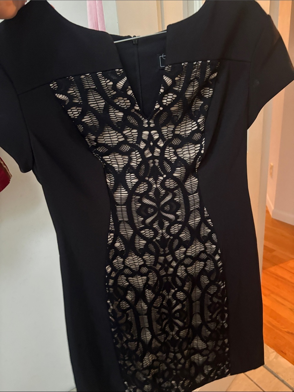 dressbarn Black Lace-Panel Sheath Dress with Neutral Underlay